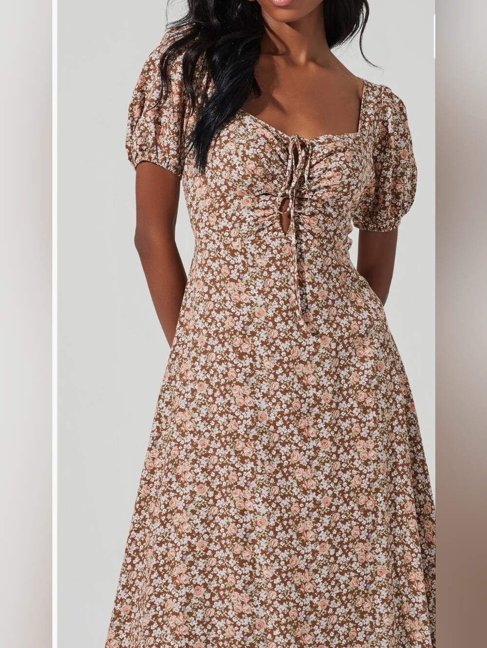 Astr Brown Floral Square-Neck Midi Dress with Puff Sleeves
